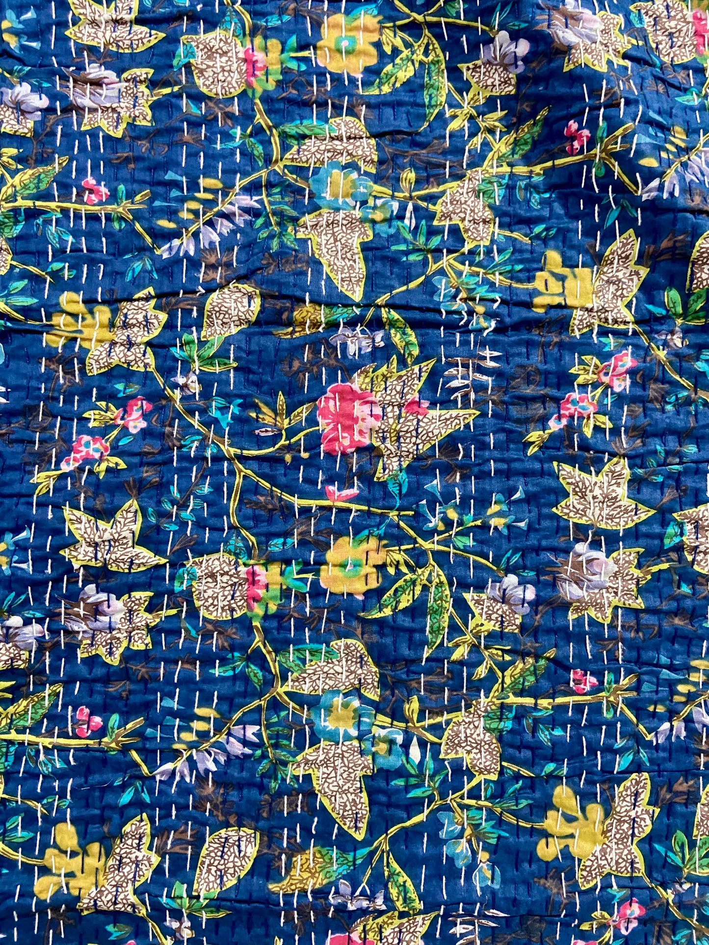 Navy Blue Paradise Floral Cotton Handmade Kantha Quilt