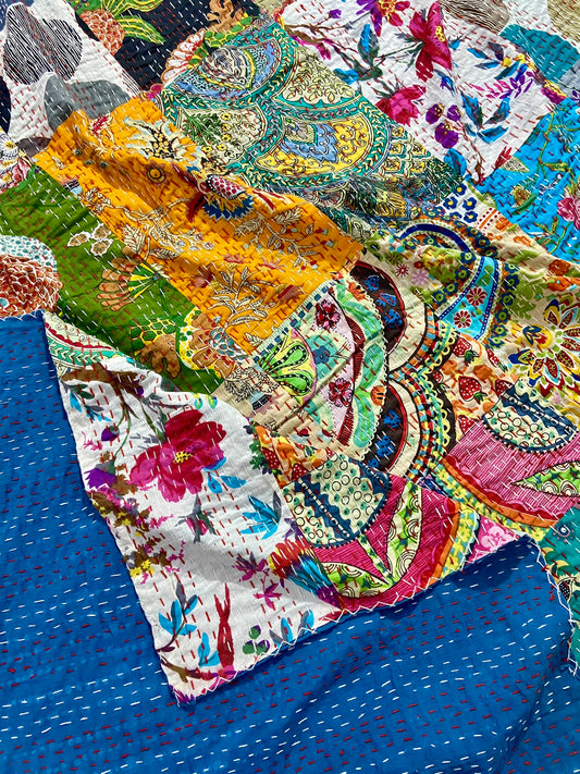 Handmade Patchwork Cotton Queen Kantha Bedspread