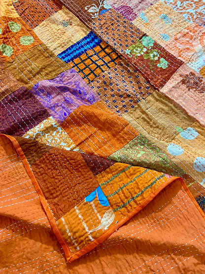 Vintage Silk Patchwork Kantha Quilt - Orange