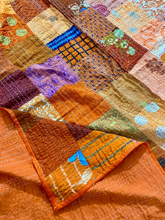 Vintage Silk Patchwork Kantha Quilt - Orange