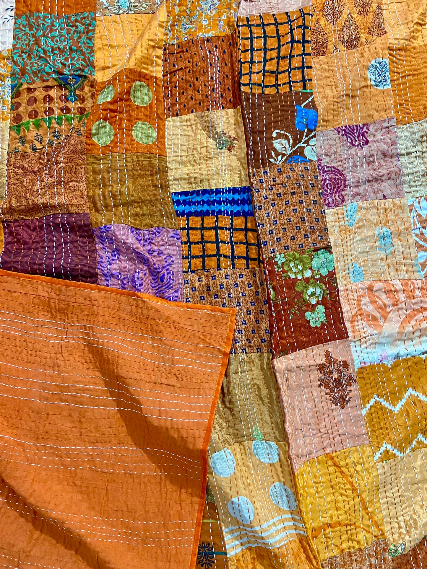 Vintage Silk Patchwork Kantha Quilt - Orange