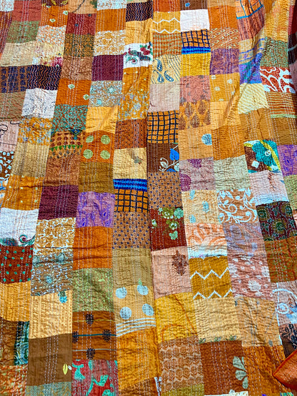 Vintage Silk Patchwork Kantha Quilt - Orange