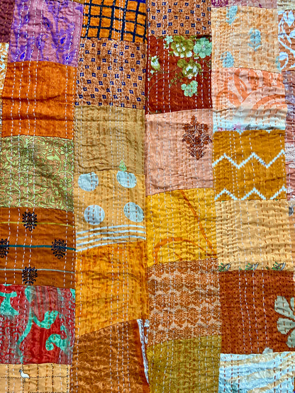 Vintage Silk Patchwork Kantha Quilt - Orange