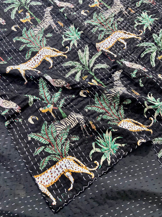 Animal Kantha Quilt Black Jungle