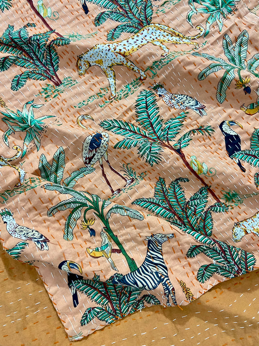 Peach Jungle Kantha Quilt