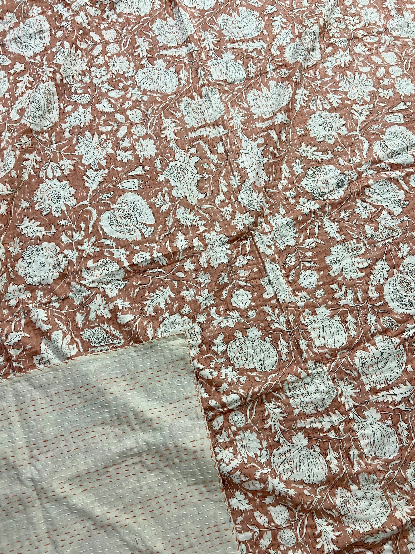 Salmon Peach Minimalist Cotton Kantha Quilt