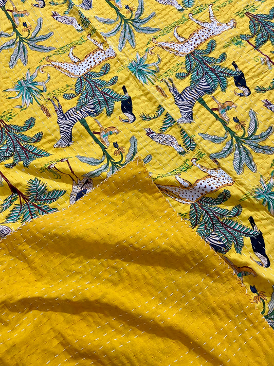 Cheetah Jungle Animal Kantha Quilt Yellow