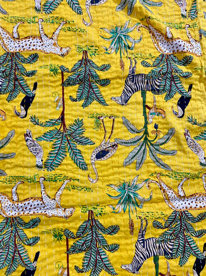 Cheetah Jungle Animal Kantha Quilt Yellow