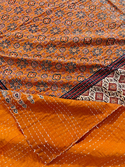 Burnt Orange Hand Printed Ajrakh Cotton Queen/King Kantha Quilt