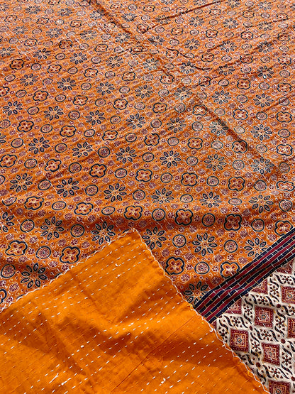 Burnt Orange Hand Printed Ajrakh Cotton Queen/King Kantha Quilt