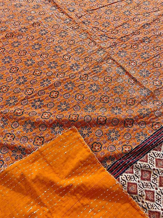 Burnt Orange Hand Printed Ajrakh Cotton Queen/King Kantha Quilt
