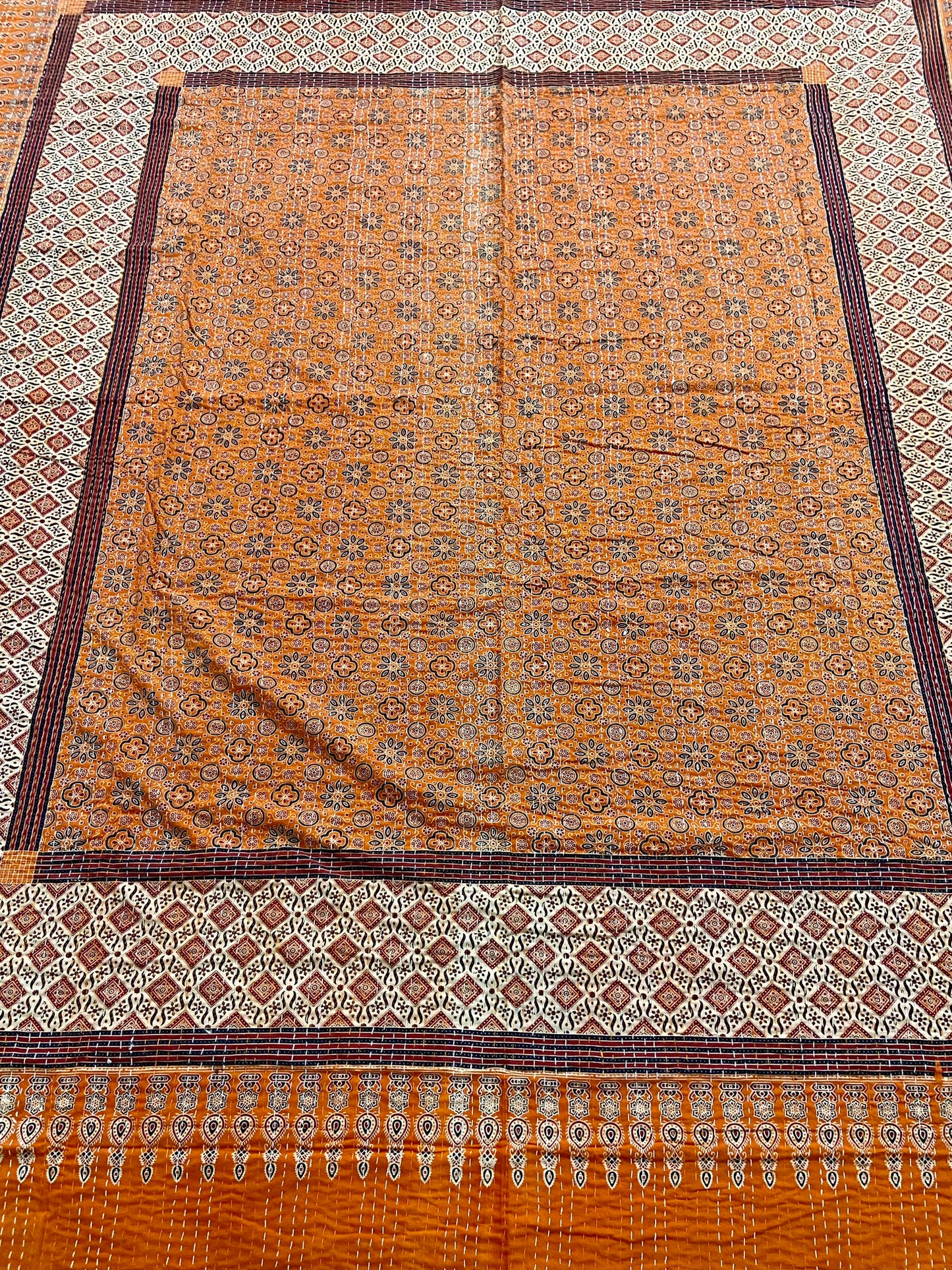 Burnt Orange Hand Printed Ajrakh Cotton Queen/King Kantha Quilt