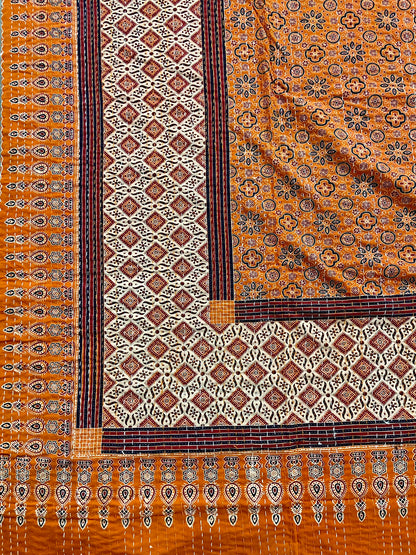 Burnt Orange Hand Printed Ajrakh Cotton Queen/King Kantha Quilt