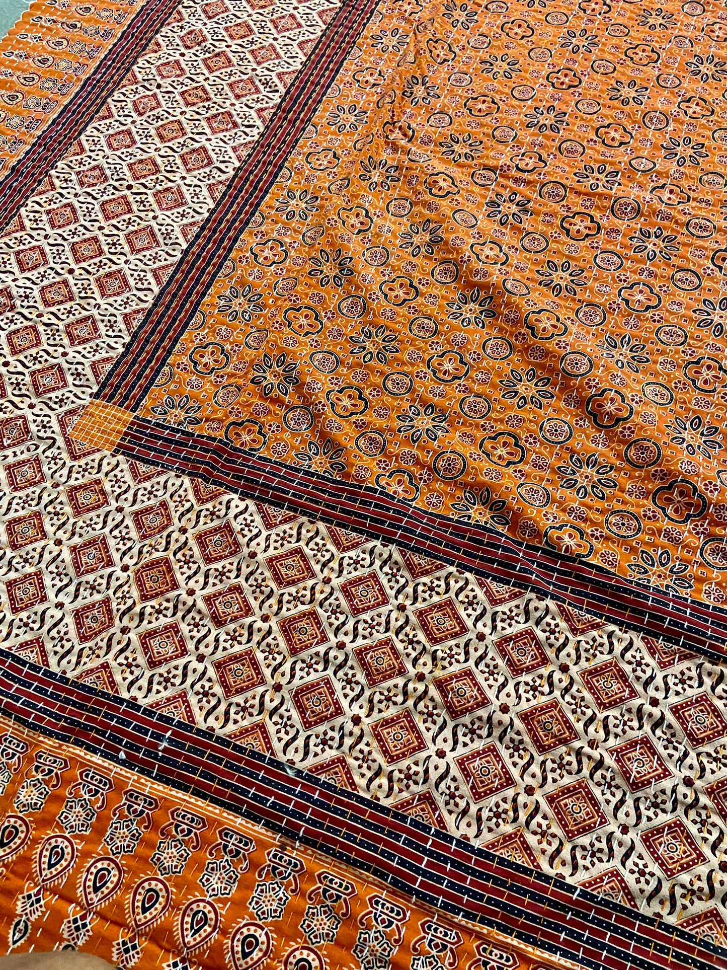 Burnt Orange Hand Printed Ajrakh Cotton Queen/King Kantha Quilt