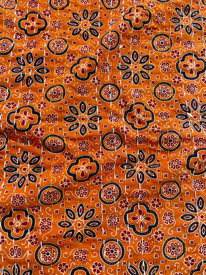 Burnt Orange Hand Printed Ajrakh Cotton Queen/King Kantha Quilt