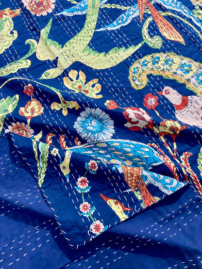 Blue Peacock Cotton Kantha Quilt
