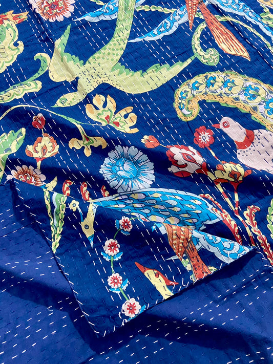 Blue Peacock Cotton Kantha Quilt