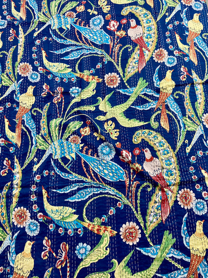 Blue Peacock Cotton Kantha Quilt