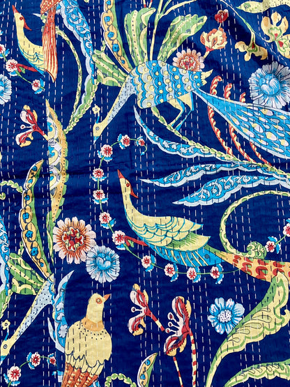 Blue Peacock Cotton Kantha Quilt