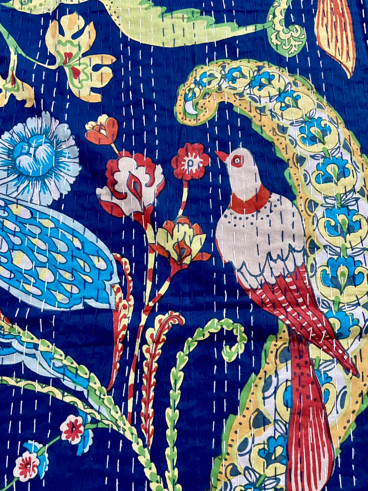 Blue Peacock Cotton Kantha Quilt