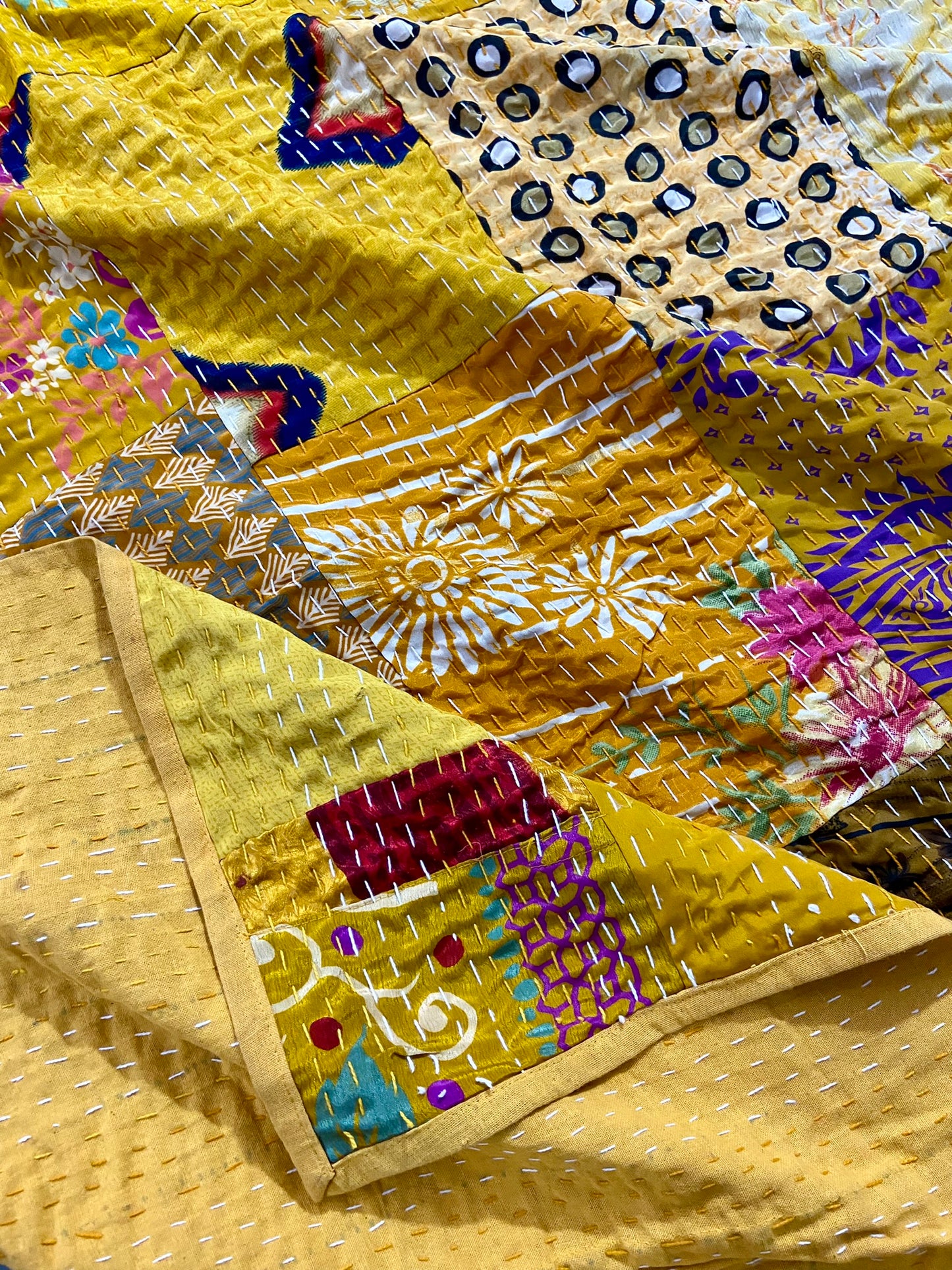 Vintage Silk Patchwork Handmade Kantha Quilt