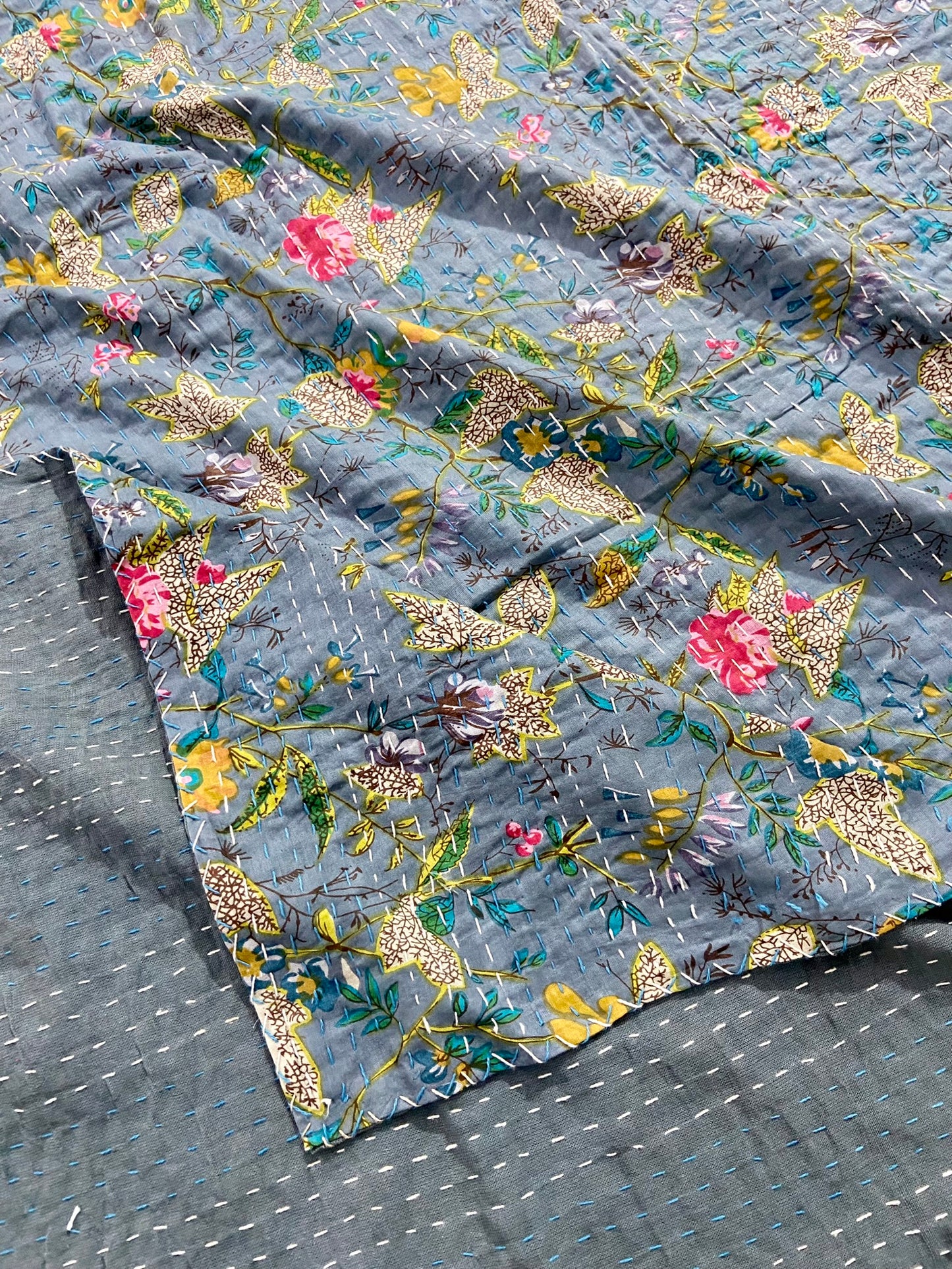 Gray Floral Kantha Quilt