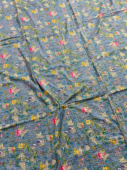 Gray Floral Kantha Quilt