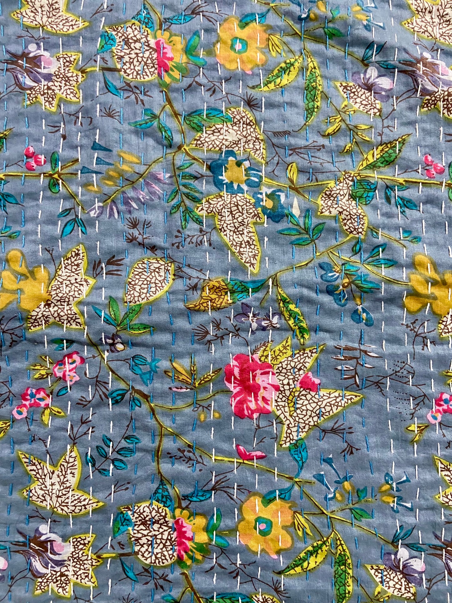 Gray Floral Kantha Quilt