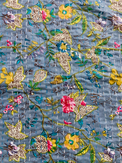 Gray Floral Kantha Quilt