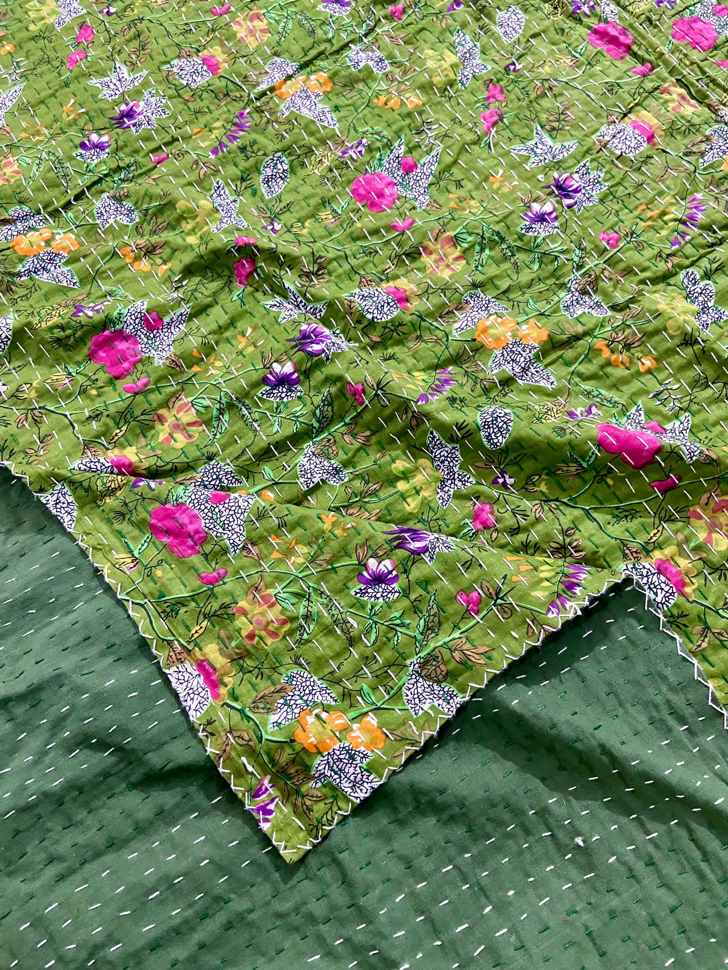 Green Floral Handmade Kantha Quilt