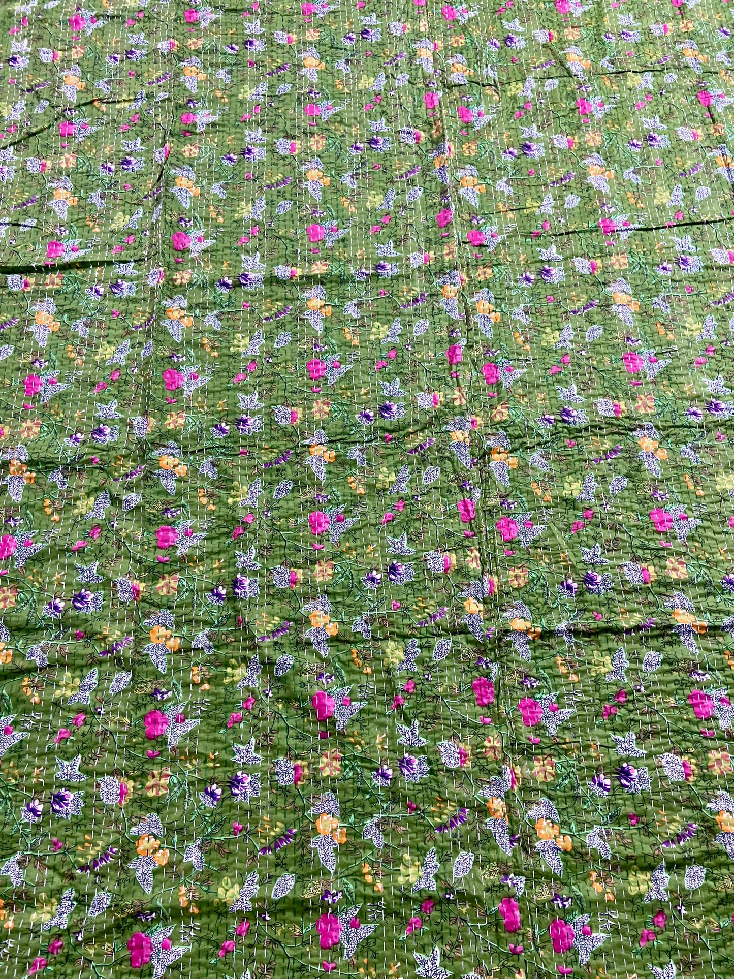 Green Floral Handmade Kantha Quilt