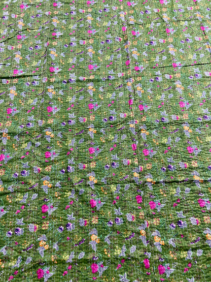 Green Floral Handmade Kantha Quilt