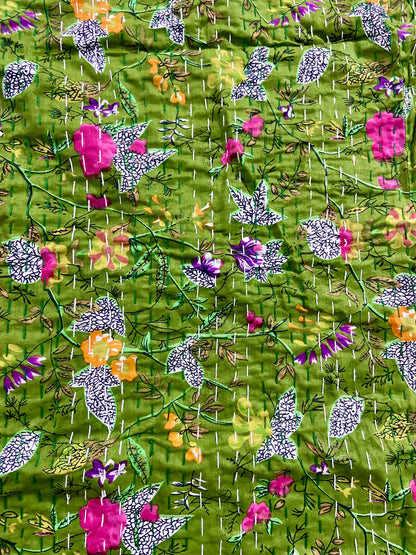 Green Floral Handmade Kantha Quilt