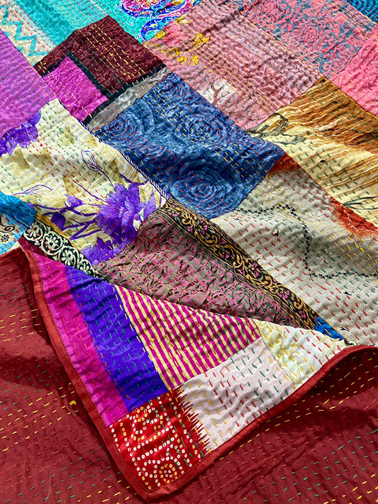 Multi Patchwork Bohemian Vintage Silk Kantha Quilt