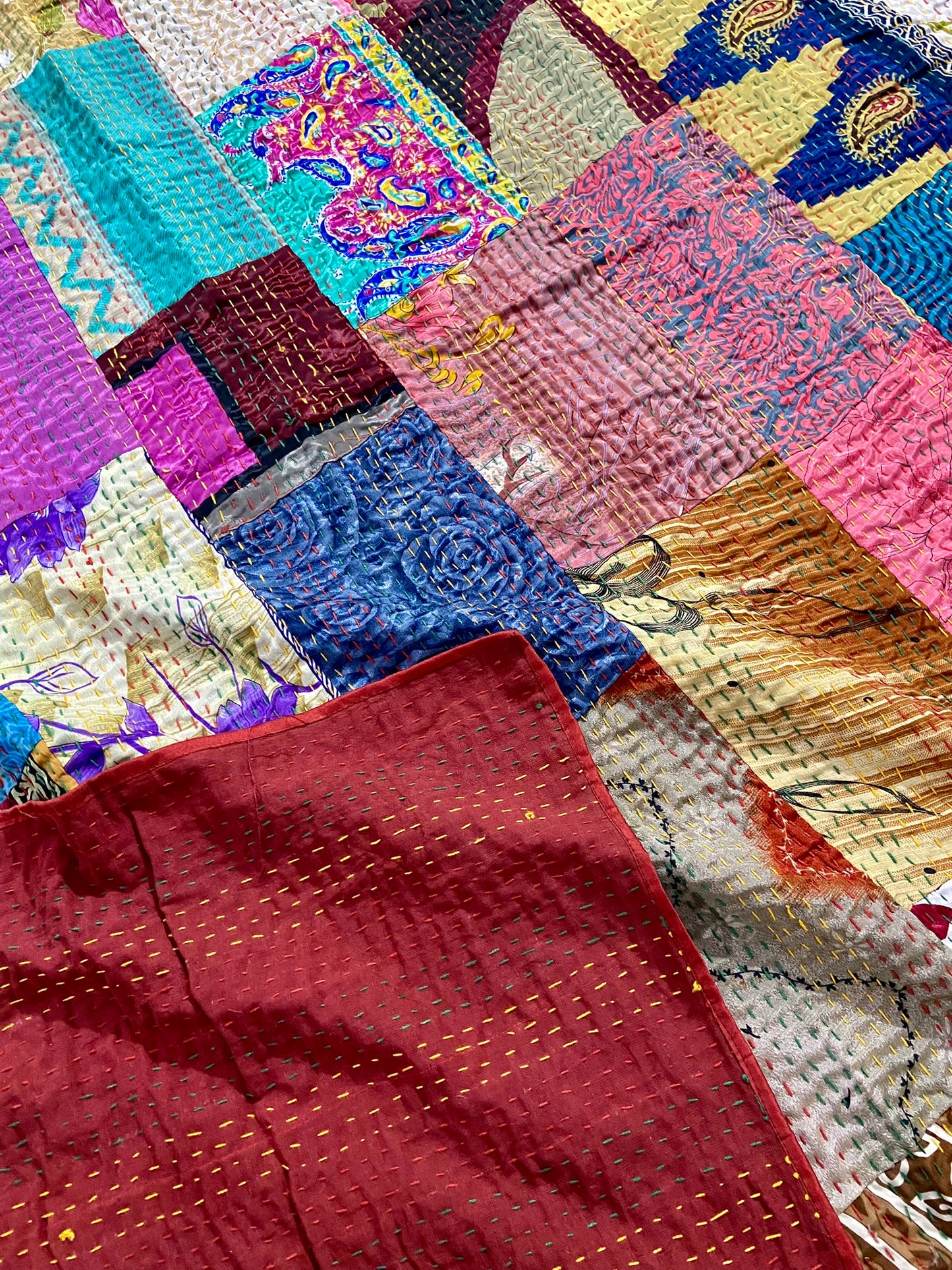 Multi Patchwork Bohemian Vintage Silk Kantha Quilt