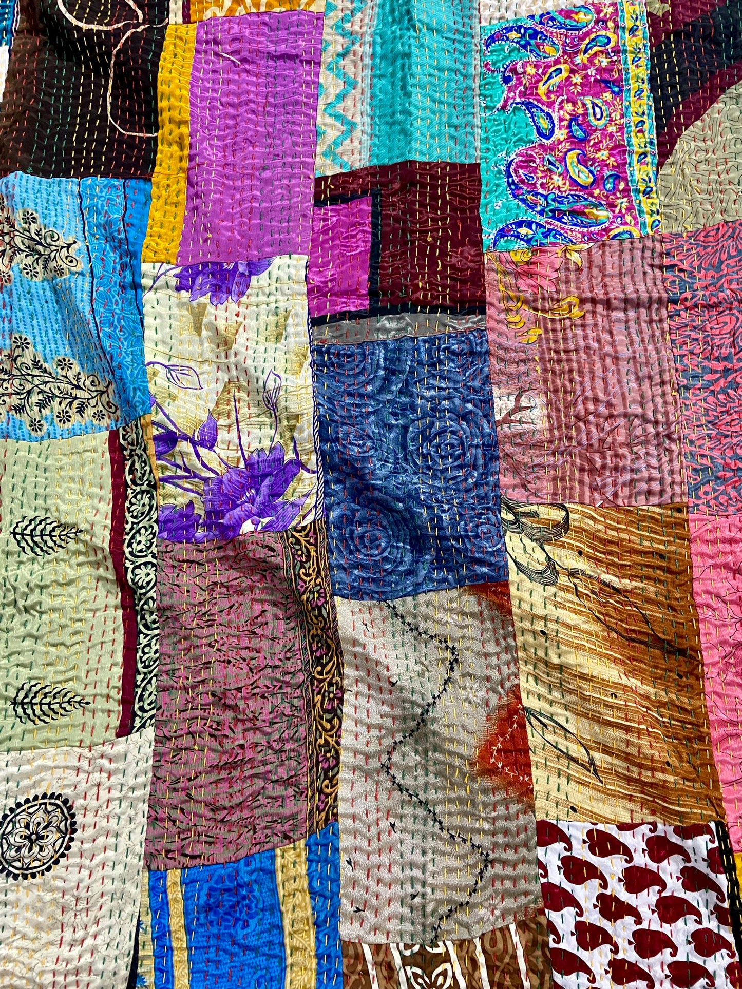 Multi Patchwork Bohemian Vintage Silk Kantha Quilt