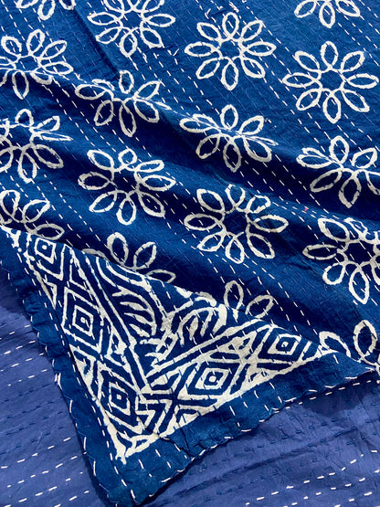 Hand Printed Indigo Twin Kantha Throw