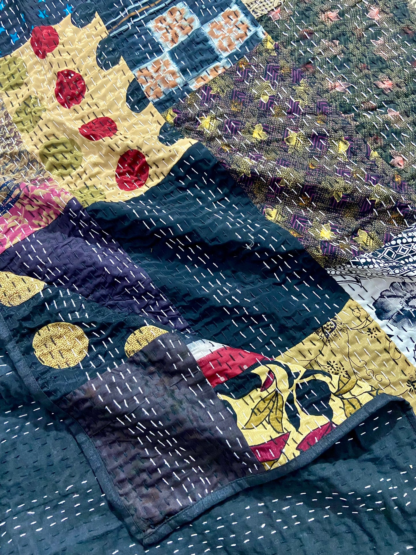 Black Patchwork Silk Kantha Bedspread