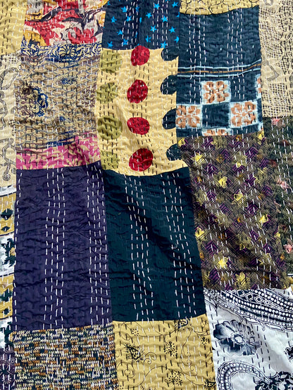 Black Patchwork Silk Kantha Bedspread