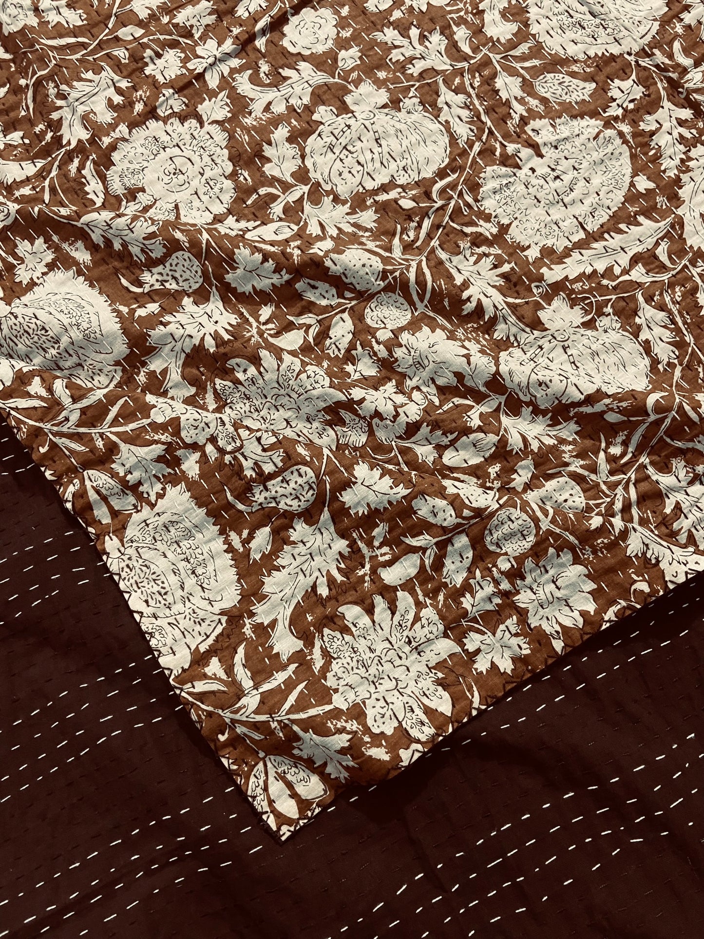 Brown Minimalist Cotton Handmade Kantha Quilt