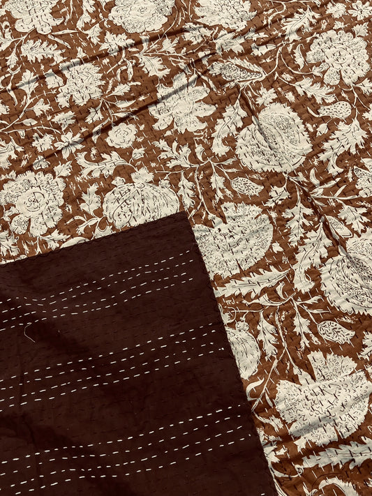 Brown Minimalist Cotton Handmade Kantha Quilt