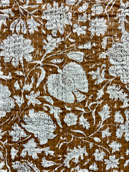 Brown Minimalist Cotton Handmade Kantha Quilt