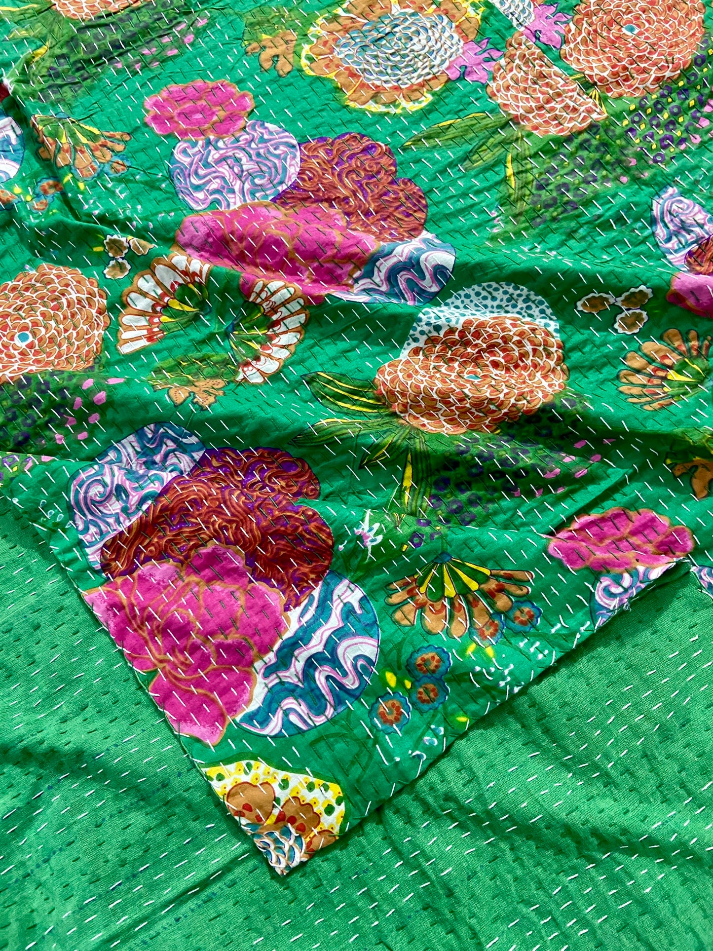 Beautiful Green Handmade Kantha Bedcover