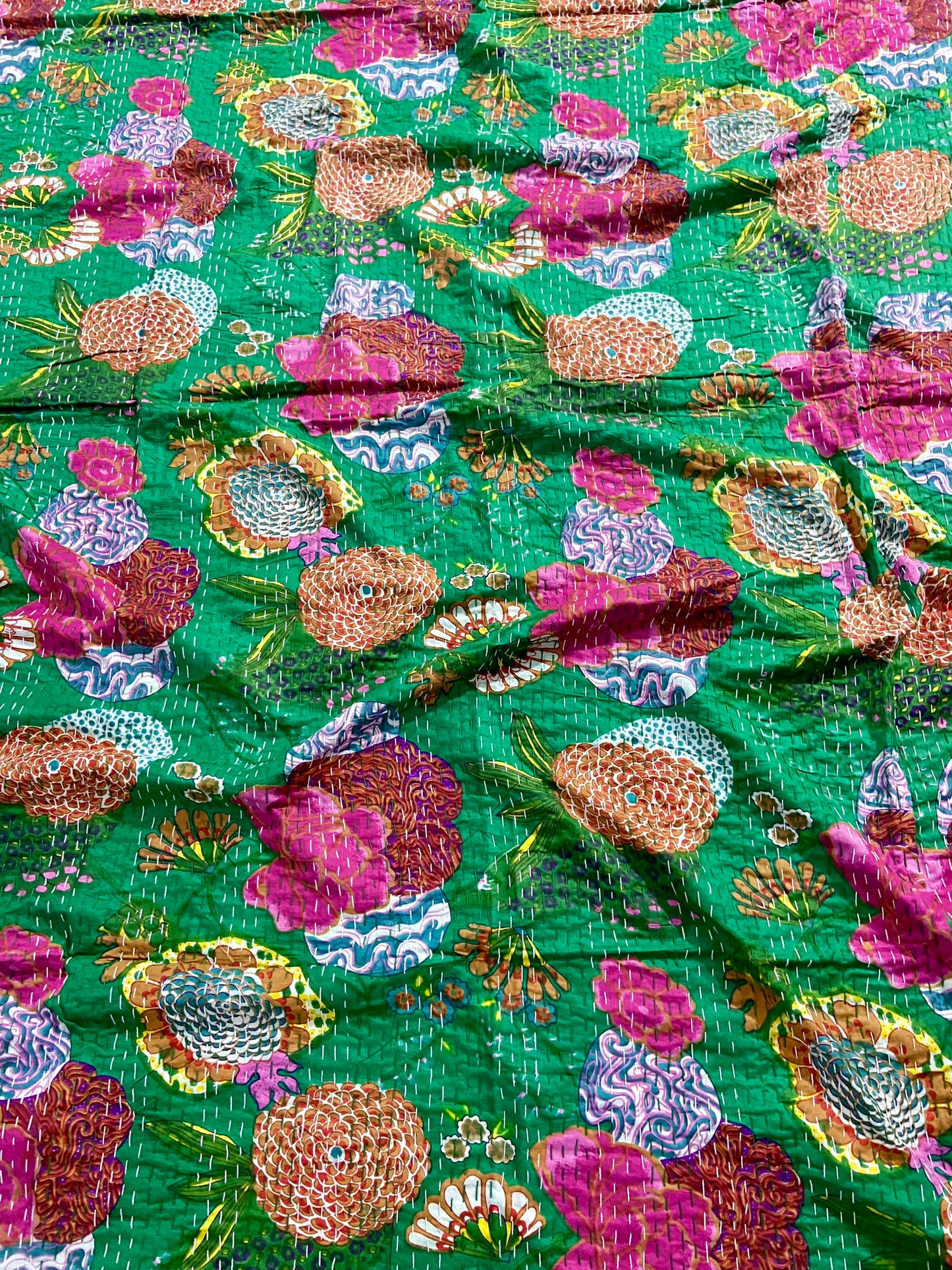 Beautiful Green Handmade Kantha Bedcover