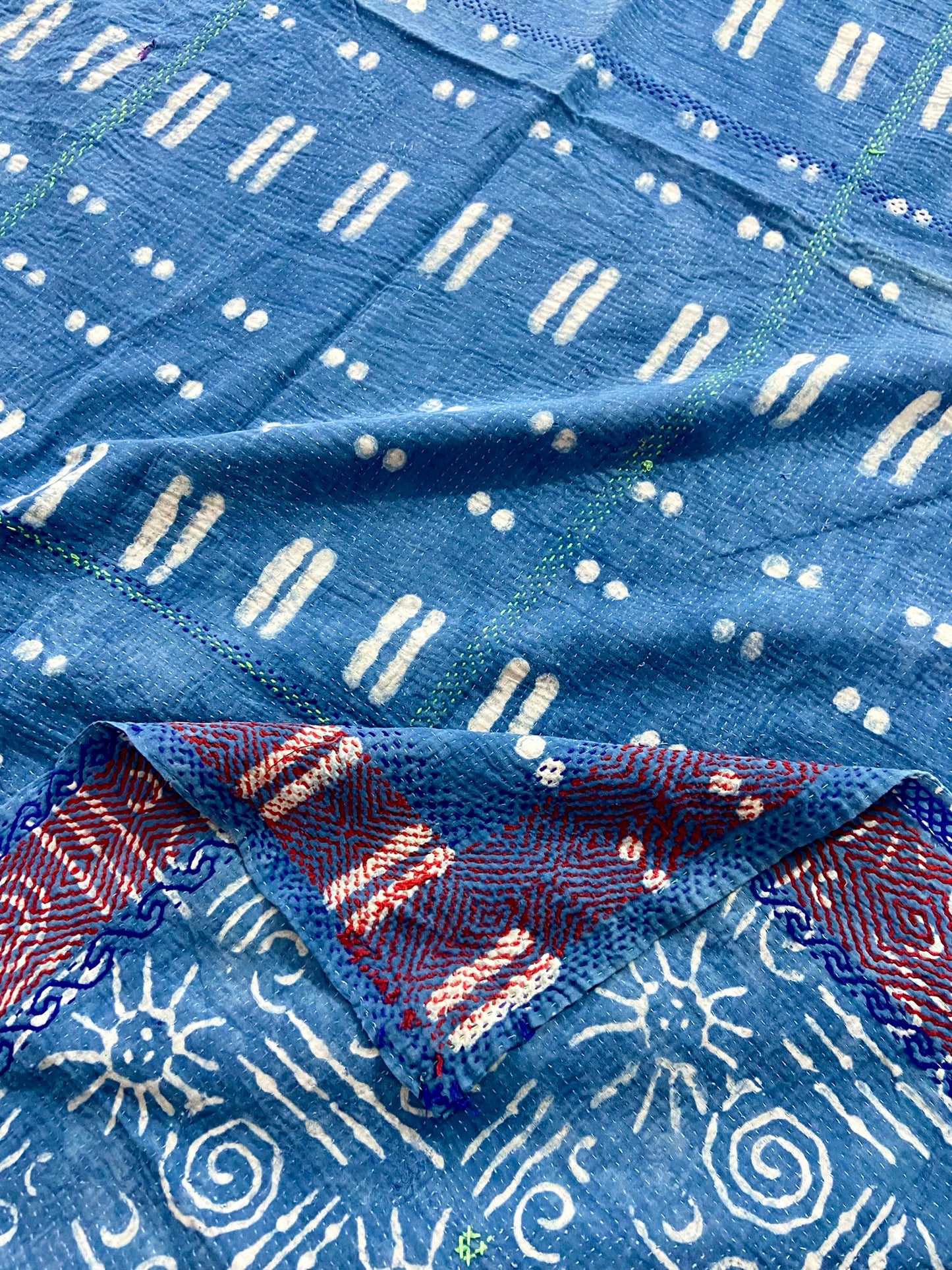 1970's Rare Hand Block Printed Indigo Kantha Quilt, Blanket & Throw