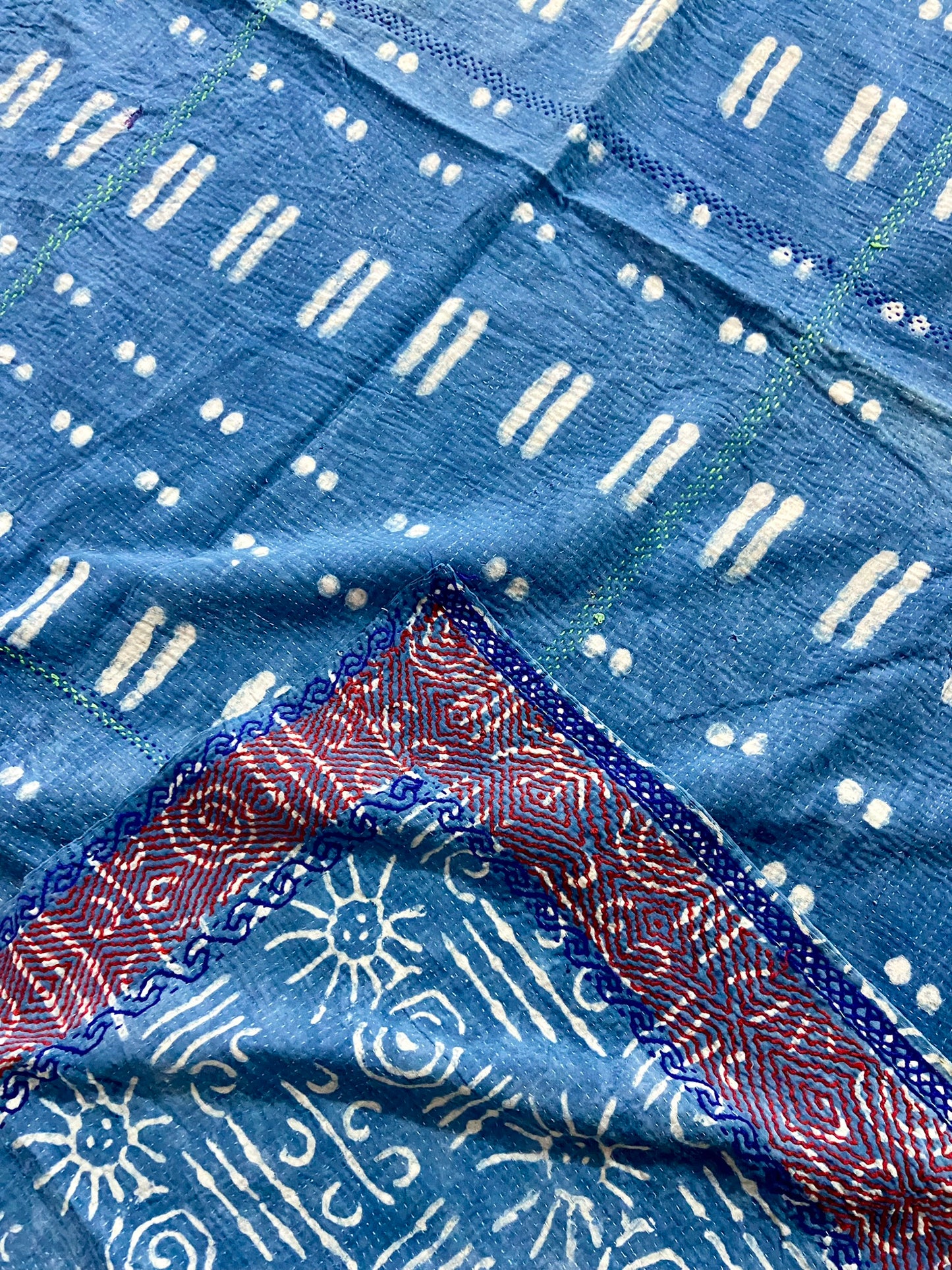 1970's Rare Hand Block Printed Indigo Kantha Quilt, Blanket & Throw