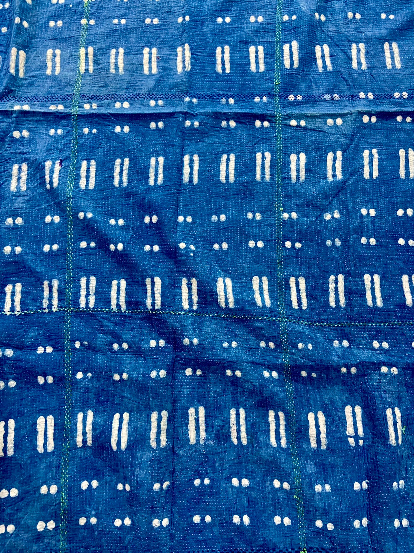 1970's Rare Hand Block Printed Indigo Kantha Quilt, Blanket & Throw