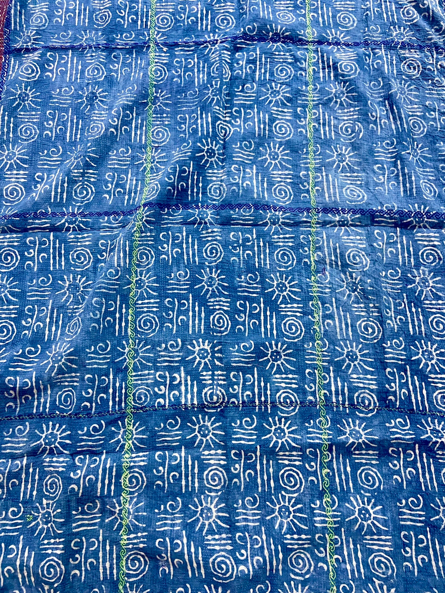 1970's Rare Hand Block Printed Indigo Kantha Quilt, Blanket & Throw