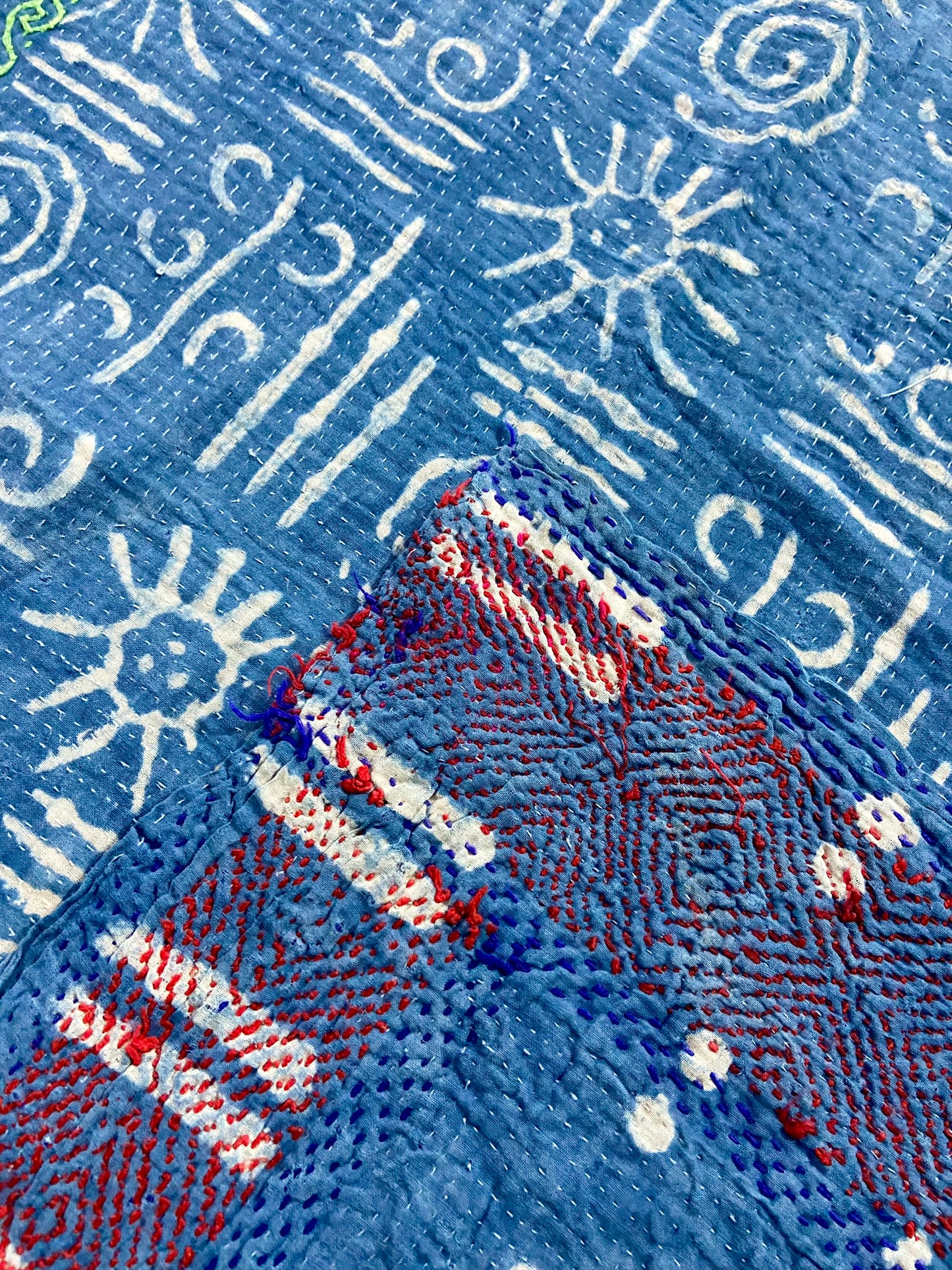 1970's Rare Hand Block Printed Indigo Kantha Quilt, Blanket & Throw