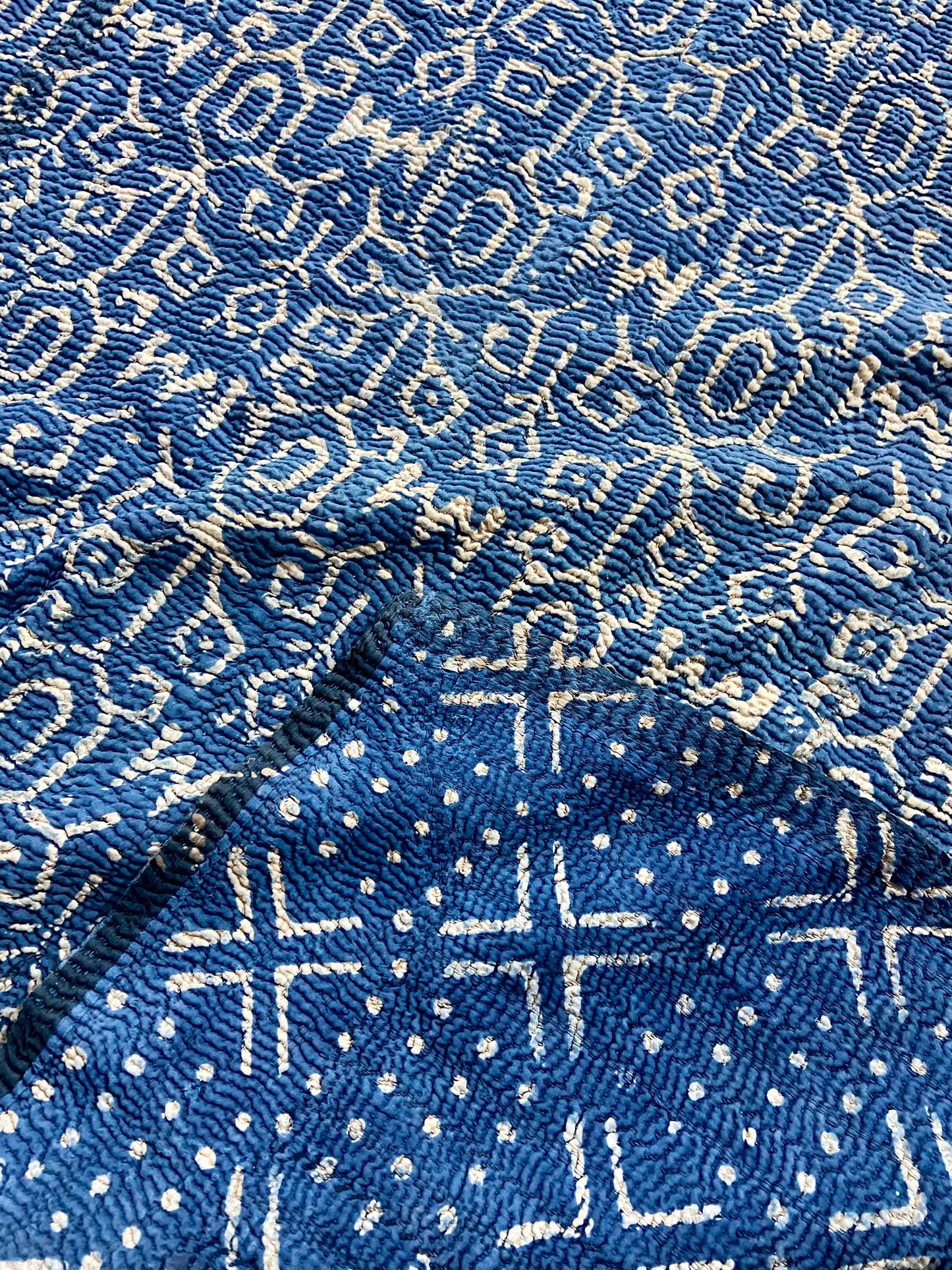 1970's Rare Hand Block Printed Indigo Kantha Quilt, Blanket & Throw